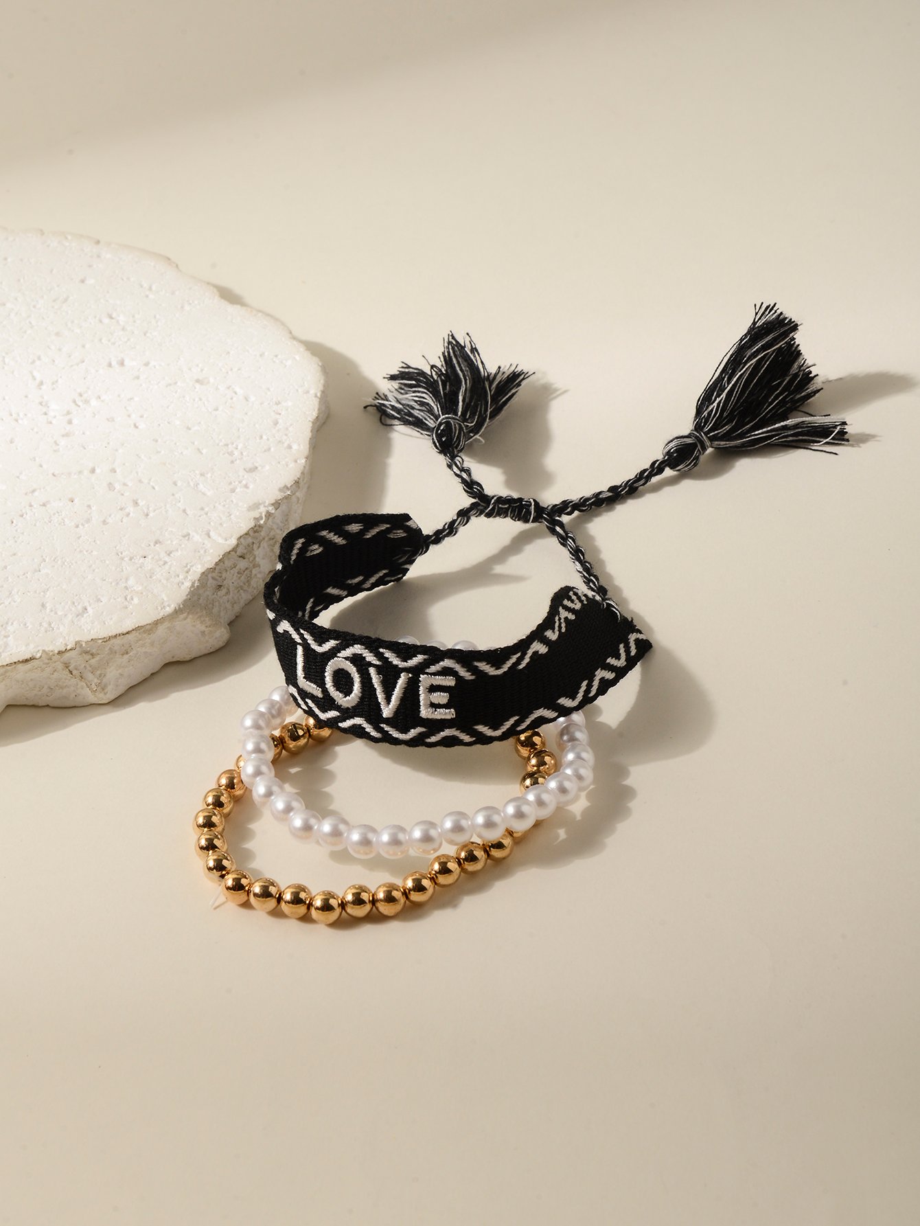 3-Piece Multi-Color Embroidered LOVE Stretch Bracelet Set