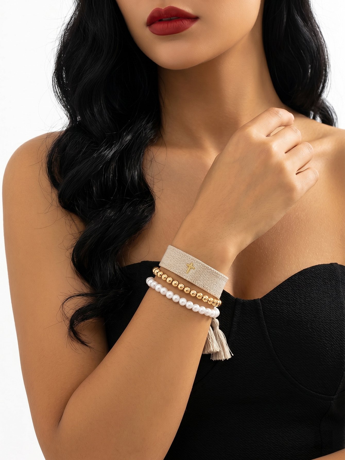 3-Piece Multi-Color Bangle Bracelet Set with Cross Embroidery