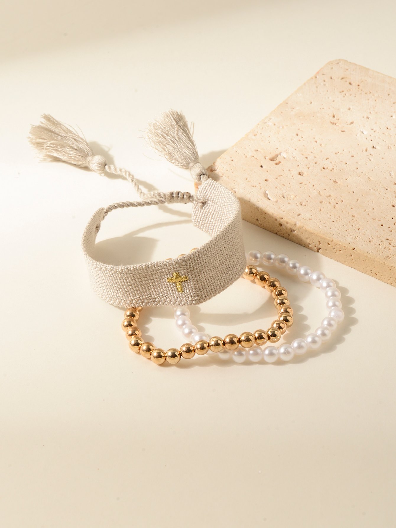 3-Piece Multi-Color Bangle Bracelet Set with Cross Embroidery