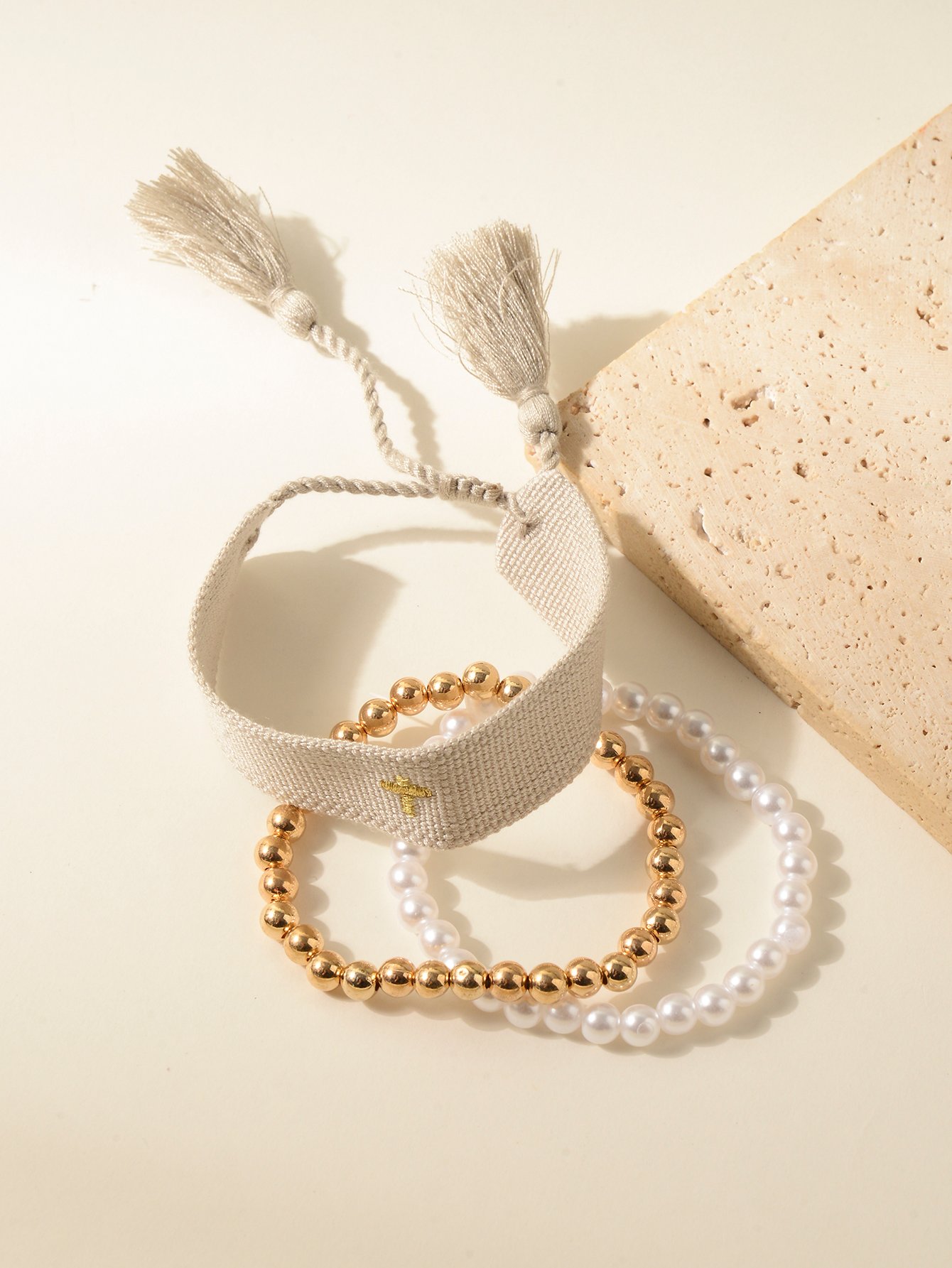 3-Piece Multi-Color Bangle Bracelet Set with Cross Embroidery