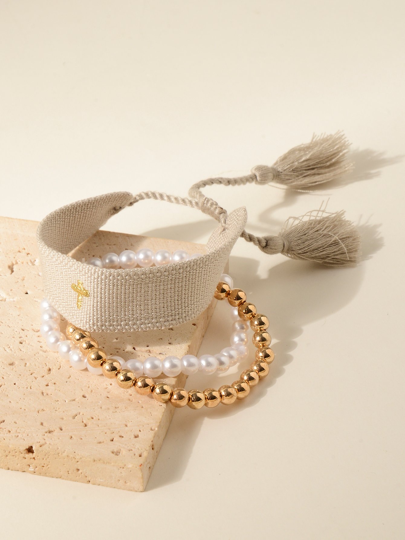 3-Piece Multi-Color Bangle Bracelet Set with Cross Embroidery