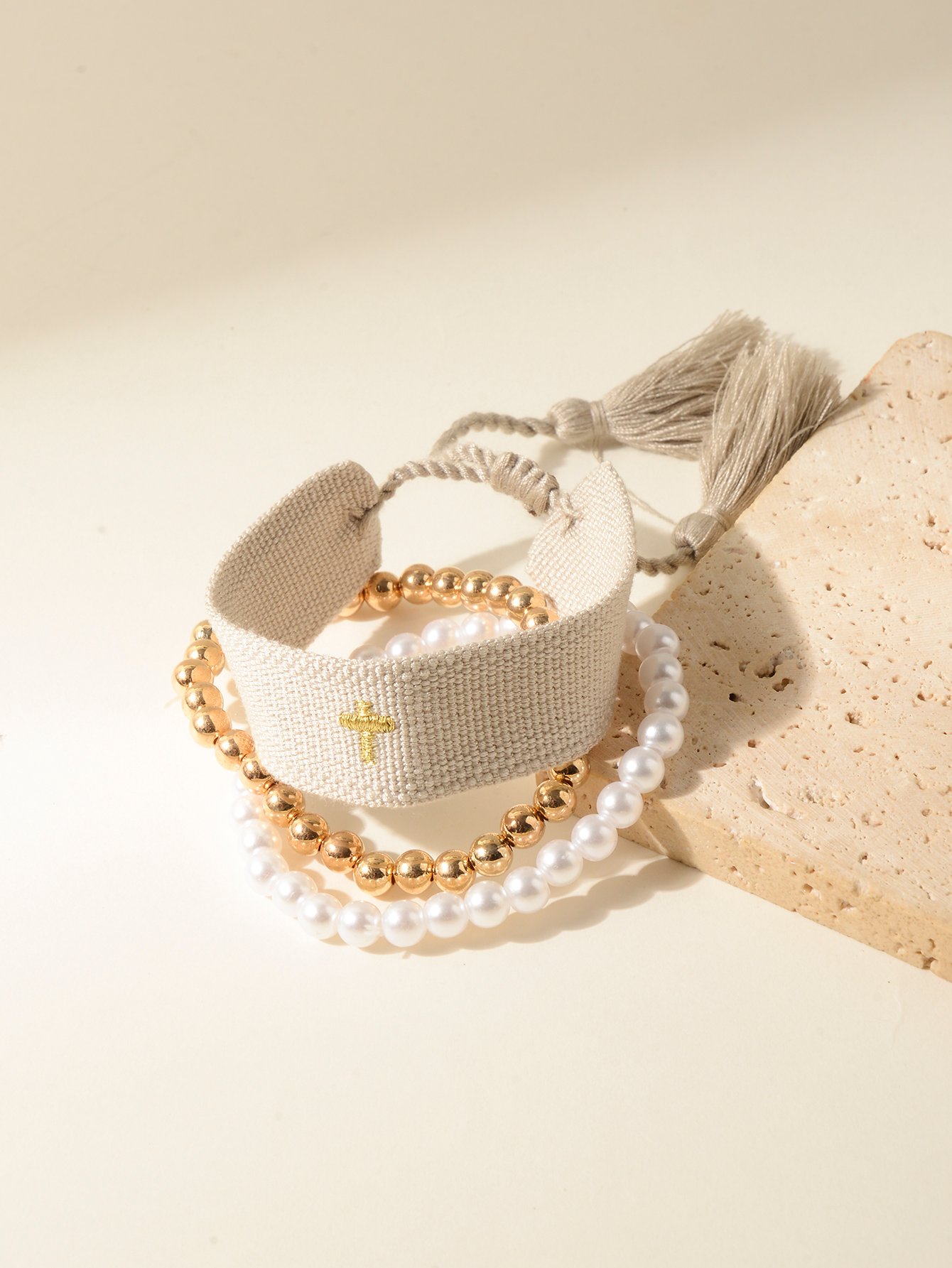 3-Piece Multi-Color Bangle Bracelet Set with Cross Embroidery