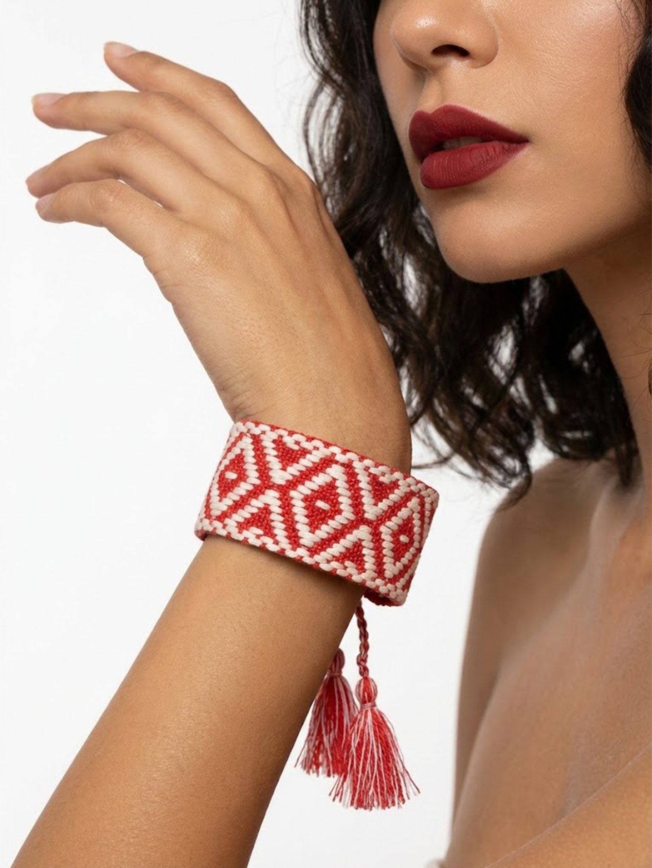 Geometric Pattern Woven Tassel Bracelet