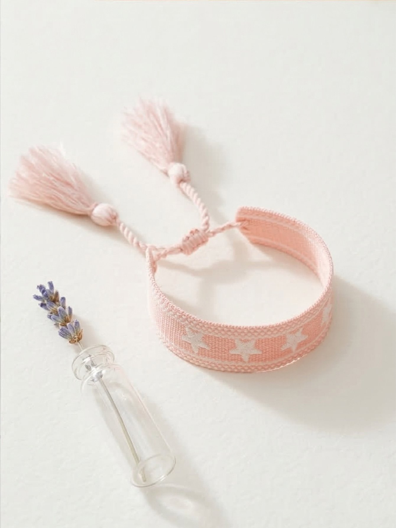 Pink Star Embroidered Bracelet with Tassels