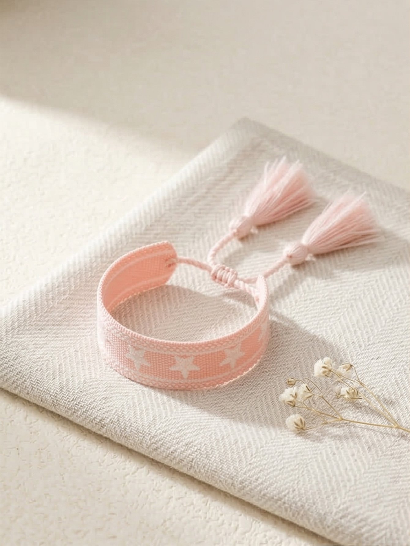 Pink Star Embroidered Bracelet with Tassels