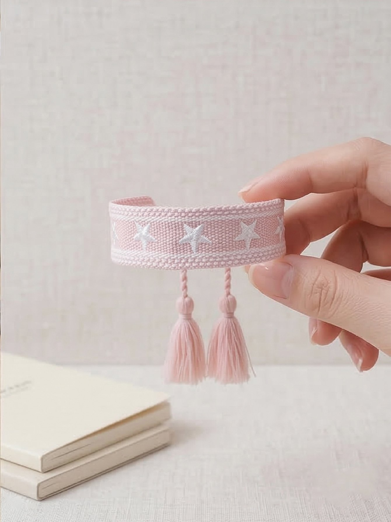 Pink Star Embroidered Bracelet with Tassels