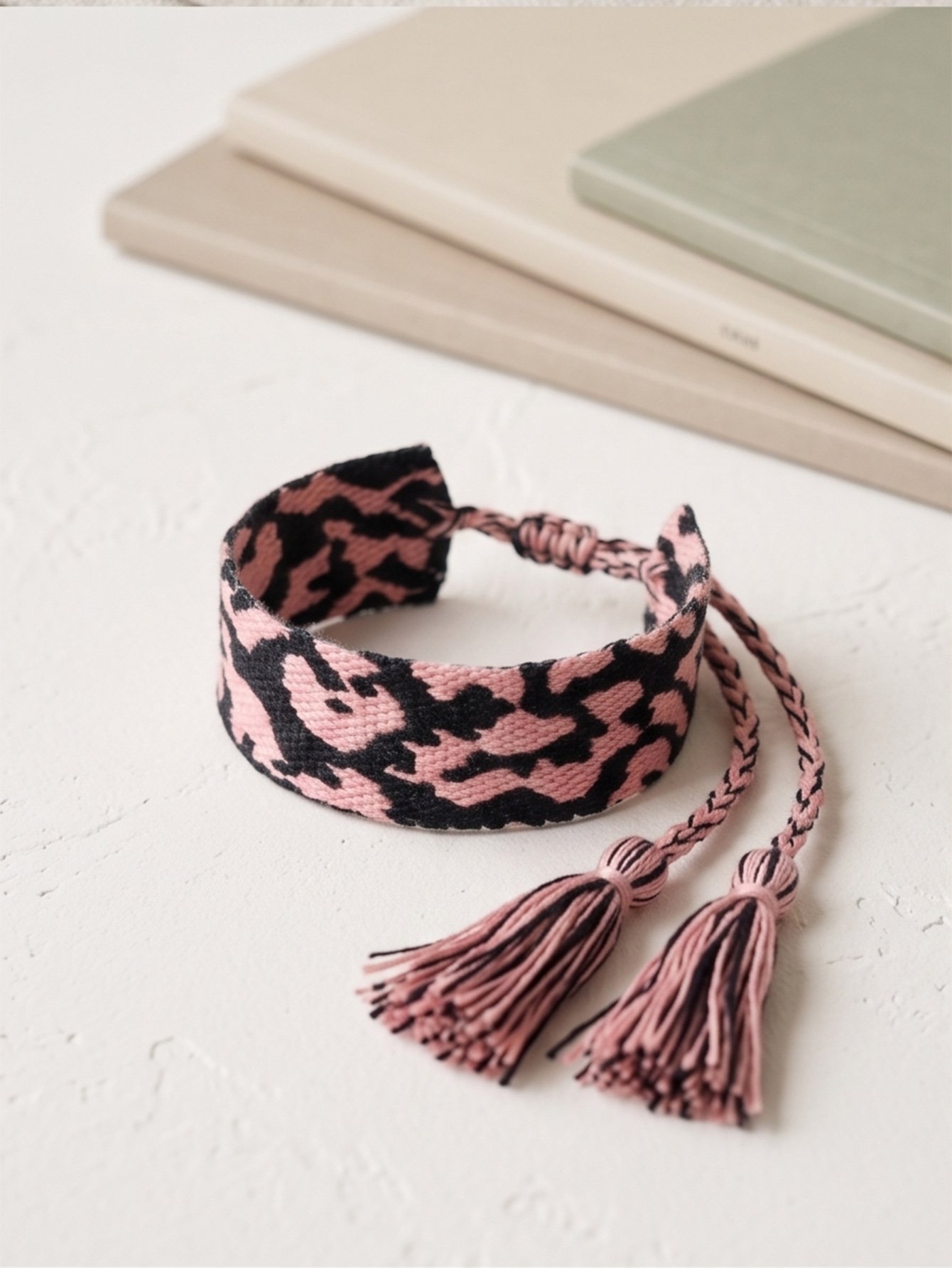 Leopard Print Woven Bracelet with Tassel