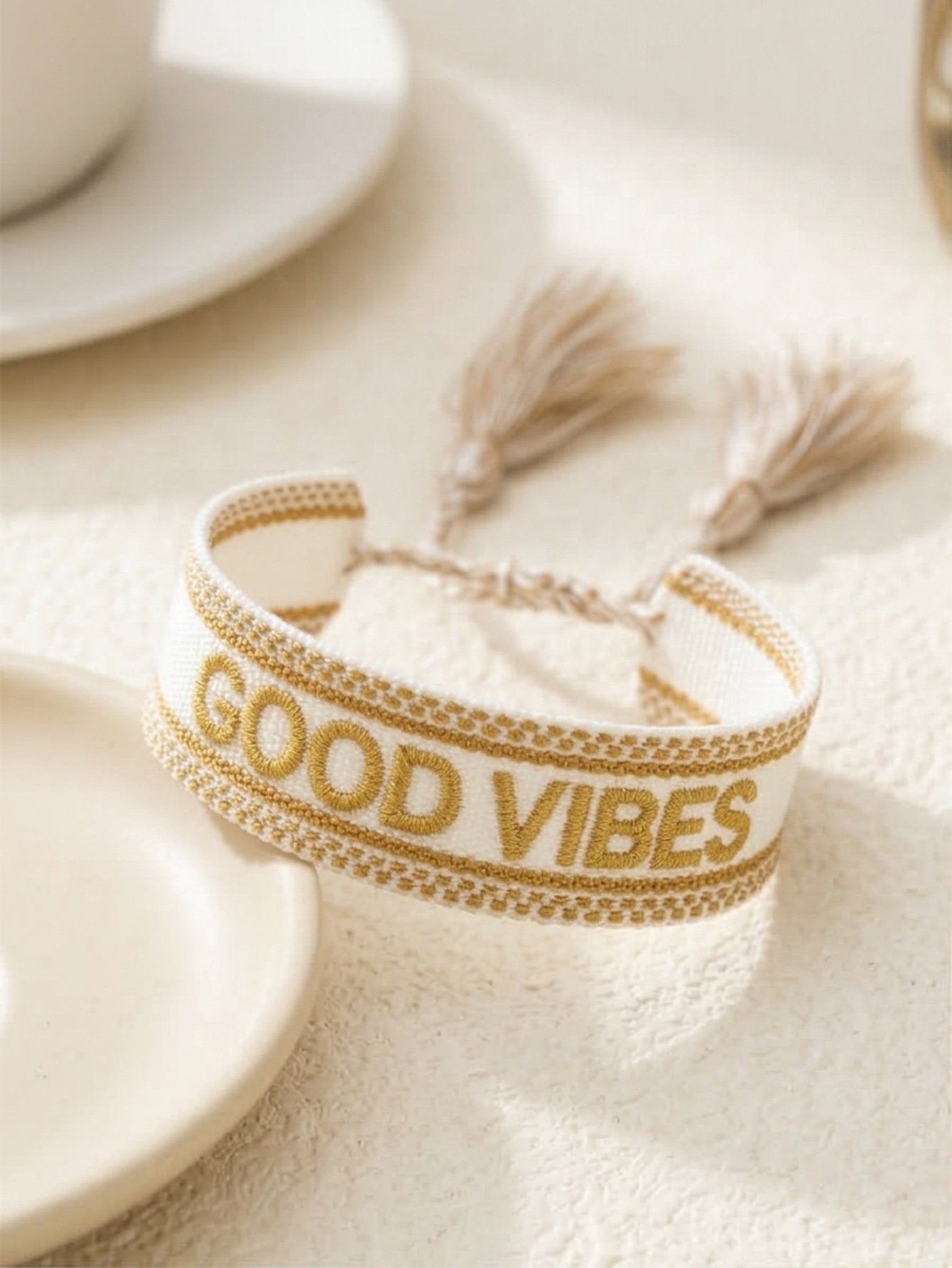 Embroidered Good Vibes Tassel Bracelet