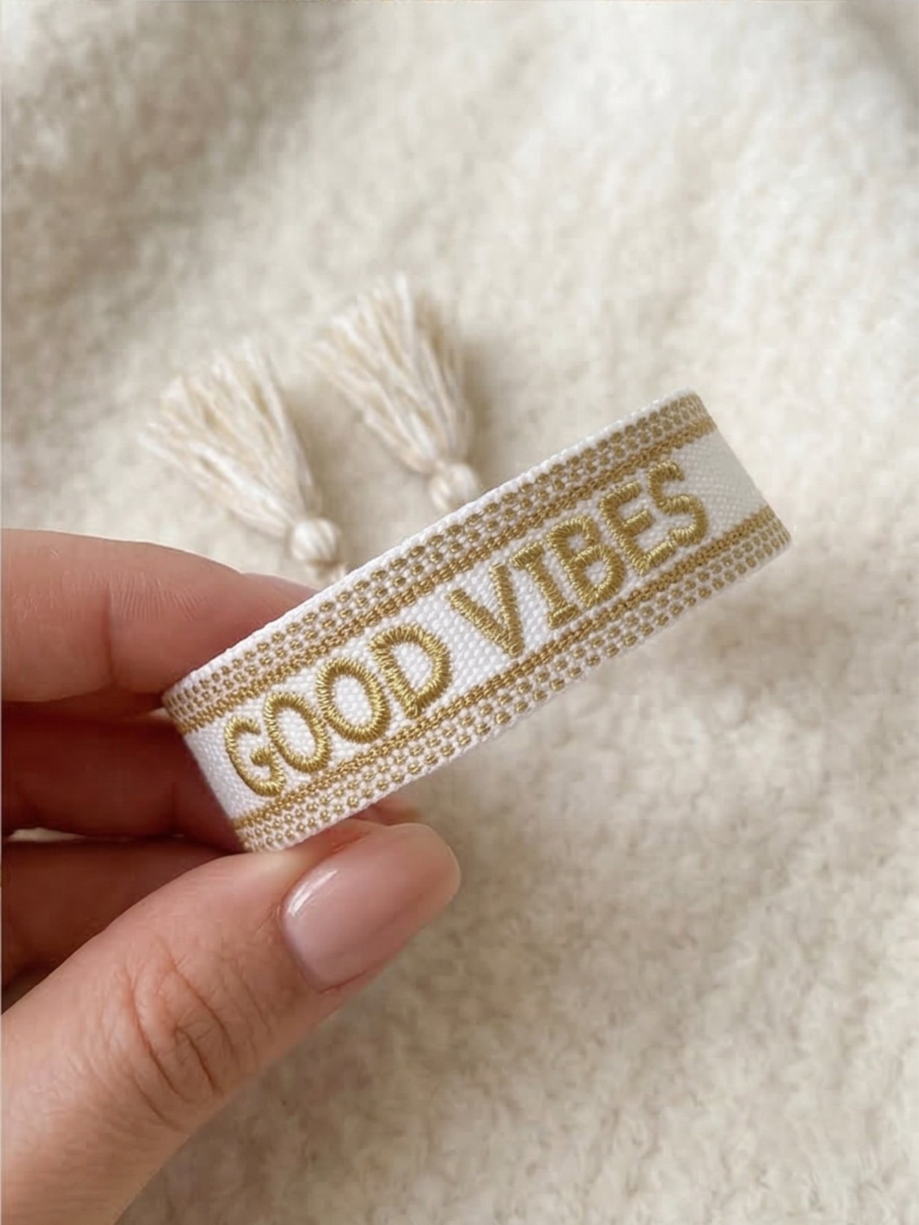 Embroidered Good Vibes Tassel Bracelet