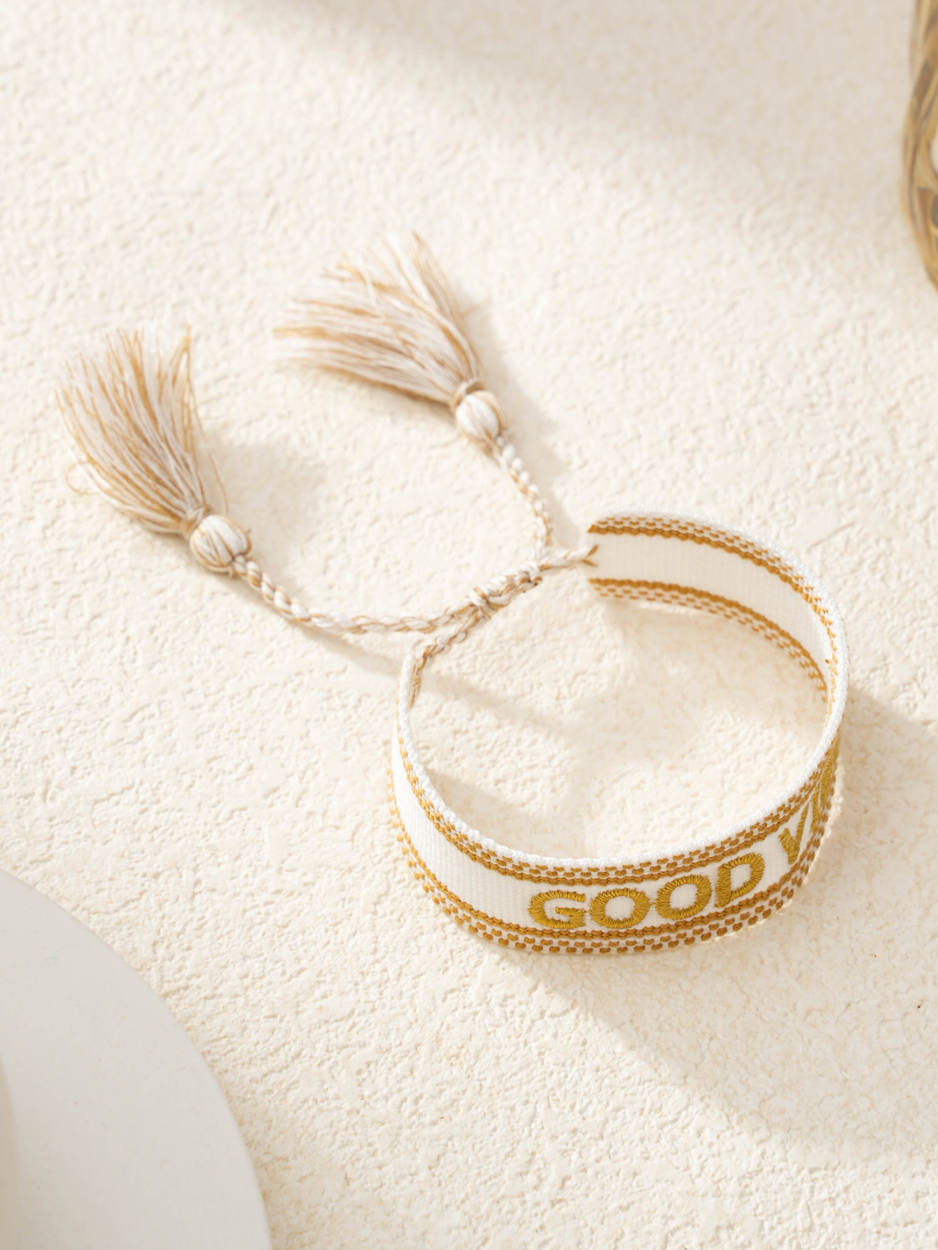 Embroidered Good Vibes Tassel Bracelet