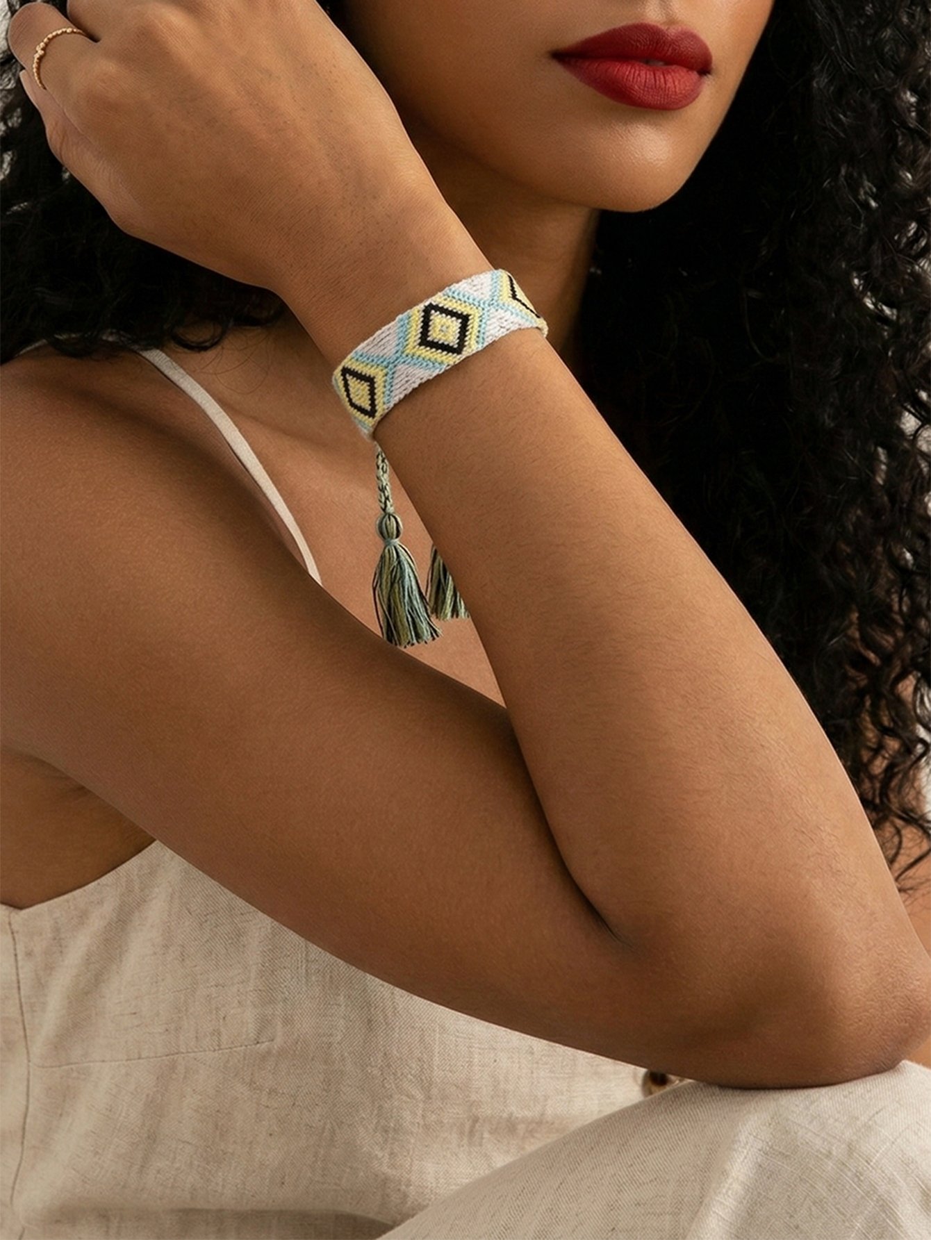 Geometric Embellished Woven Tassel Bracelet