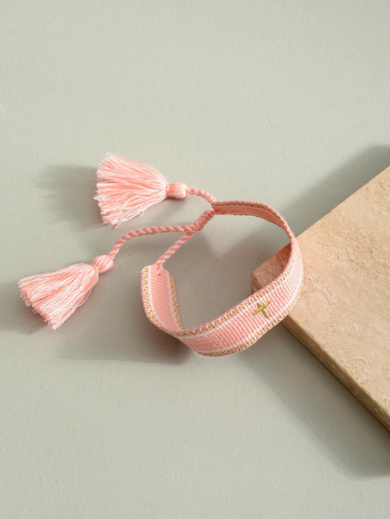 Pink Cross Embroidered Tassel Bangle Bracelet