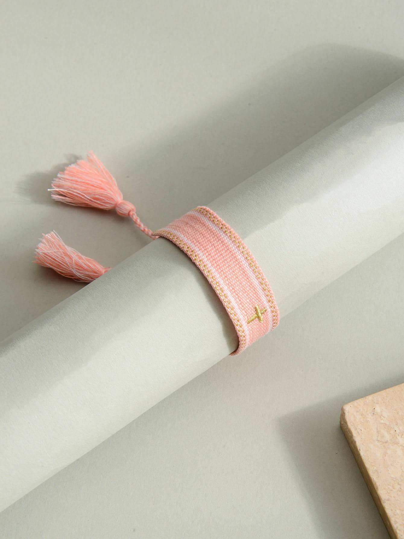 Pink Cross Embroidered Tassel Bangle Bracelet