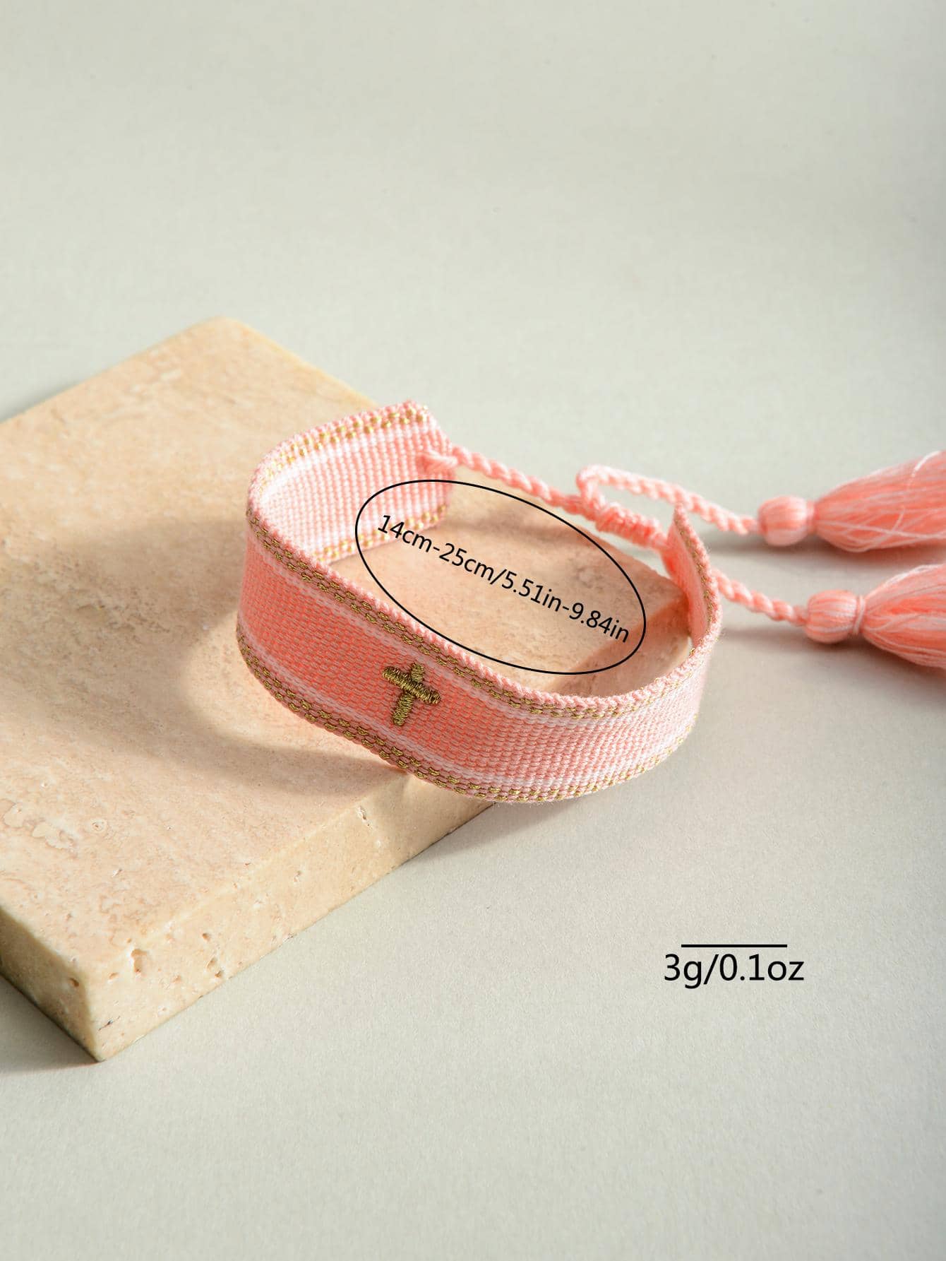 Pink Cross Embroidered Tassel Bangle Bracelet