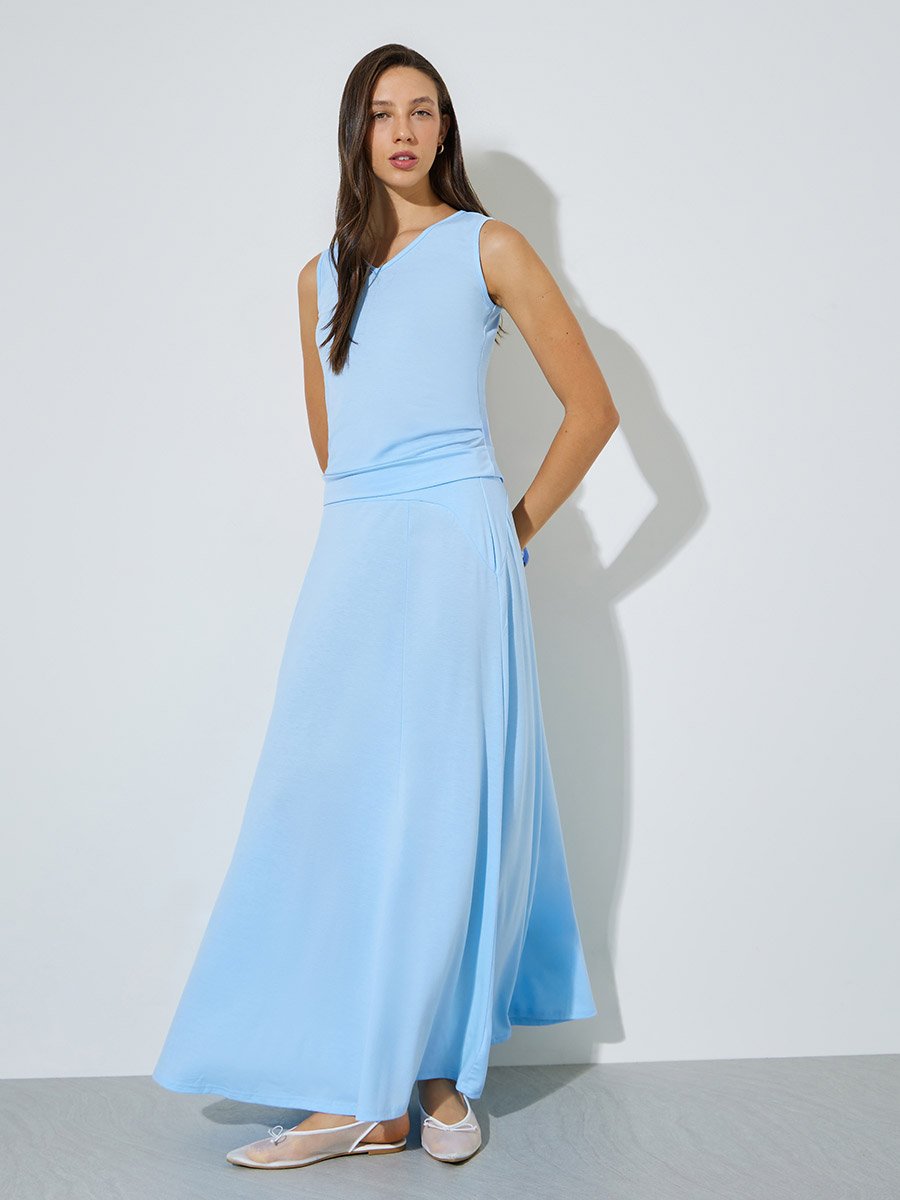Blue Knit Tank Top and A-Line Maxi Skirts Set