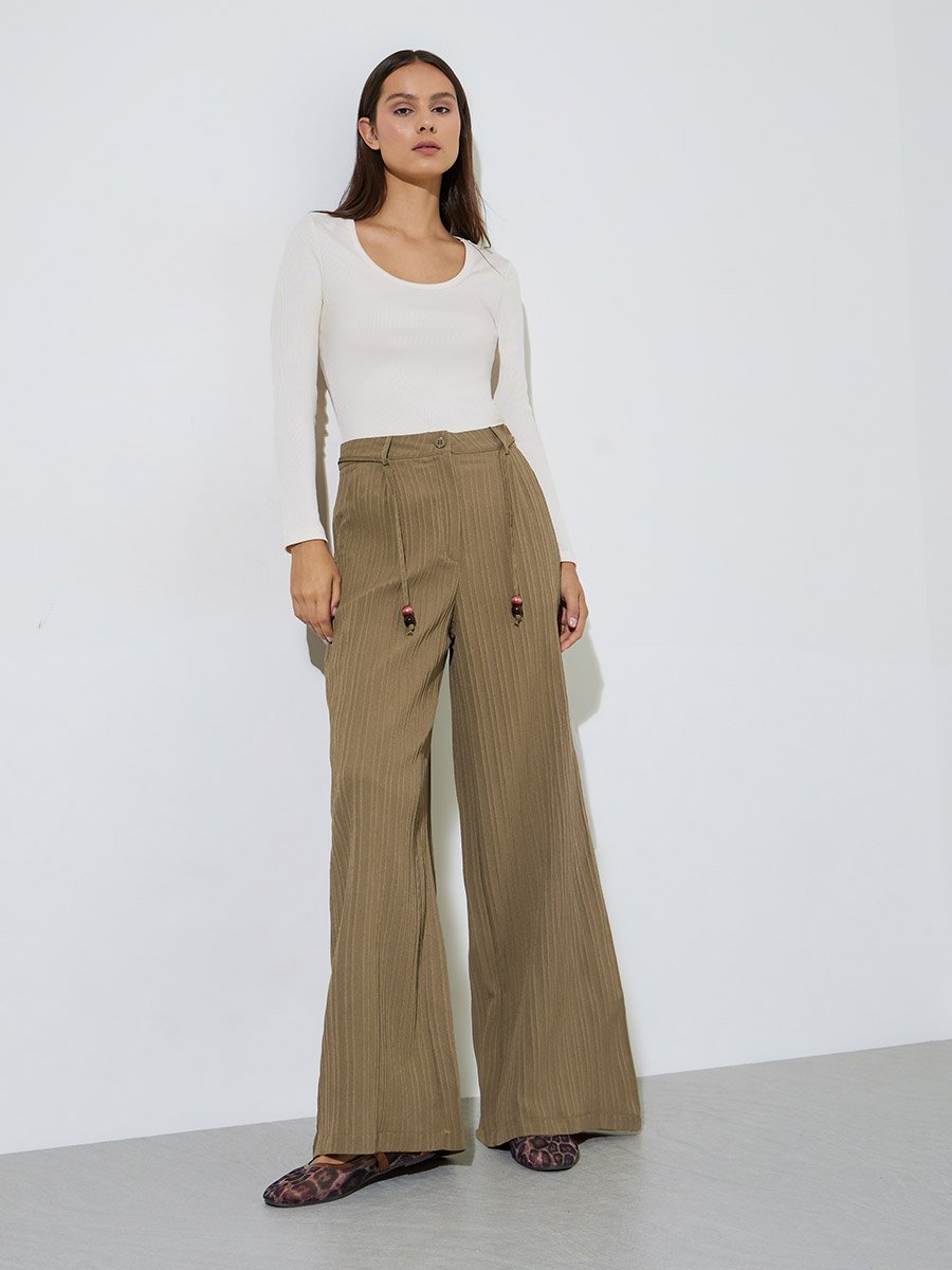 Khaki Textured Wide Leg Trousers with Waist Tie