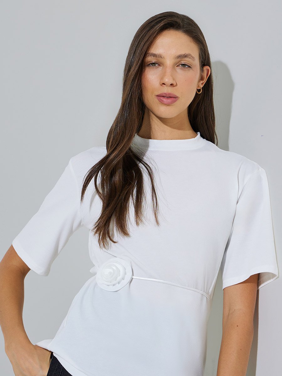 White Regular Fit T-Shirt with Tie-Waist Flower Detail