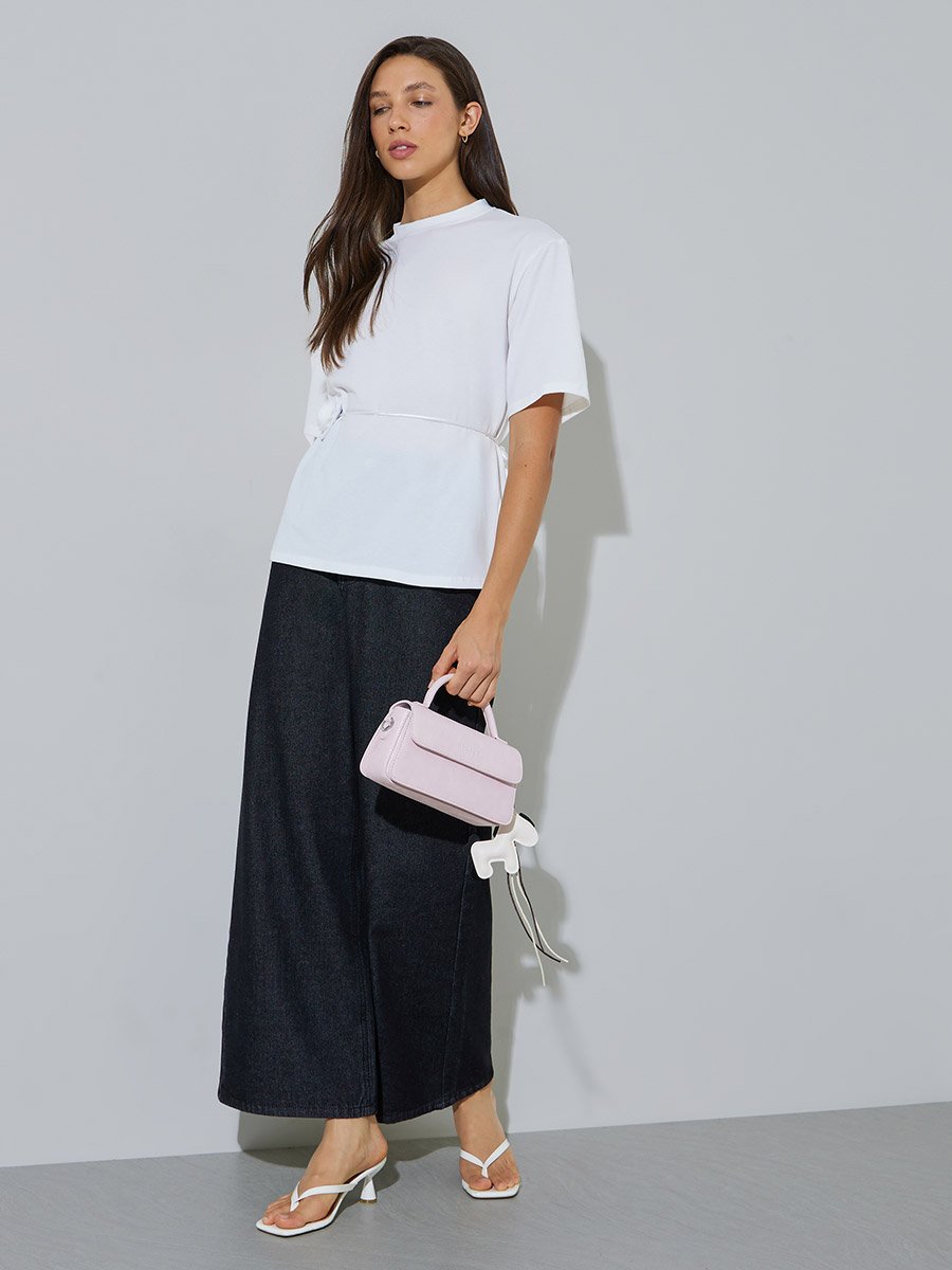 White Regular Fit T-Shirt with Tie-Waist Flower Detail