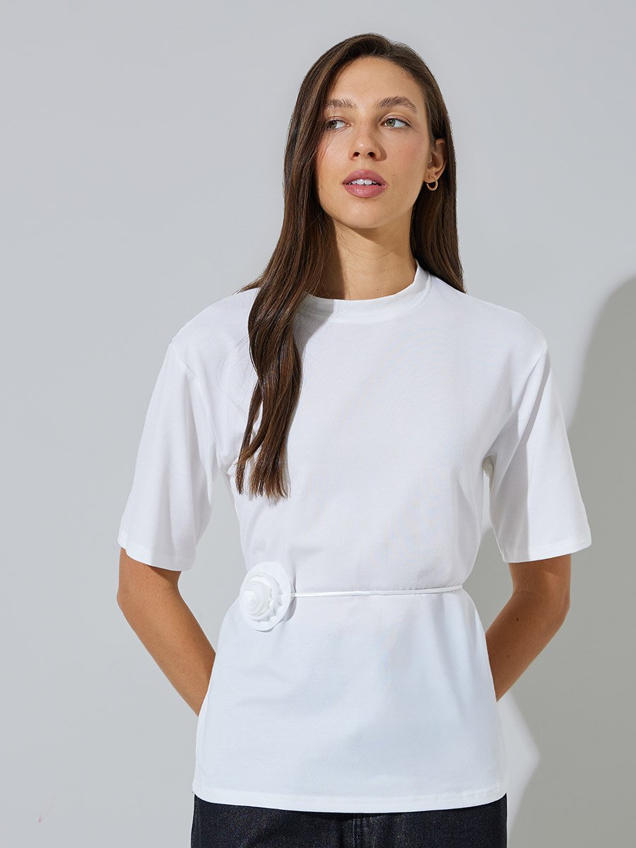 White Regular Fit T-Shirt with Tie-Waist Flower Detail