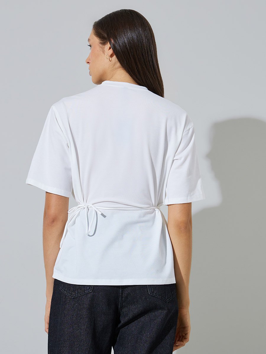 White Regular Fit T-Shirt with Tie-Waist Flower Detail