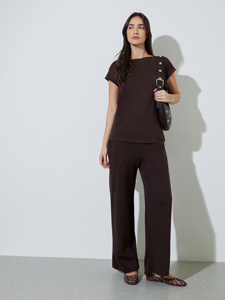 Brown Solid Boat Neck Knitted T-Shirt