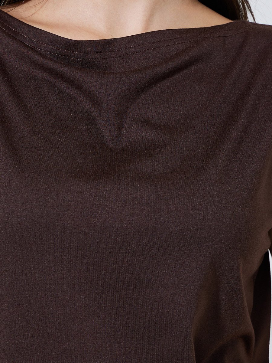 Brown Solid Boat Neck Knitted T-Shirt