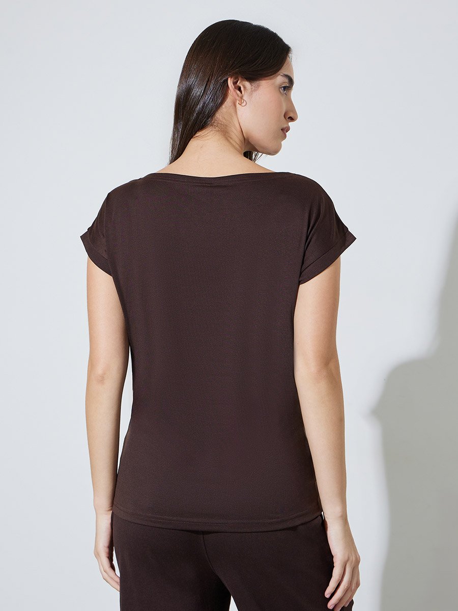 Brown Solid Boat Neck Knitted T-Shirt