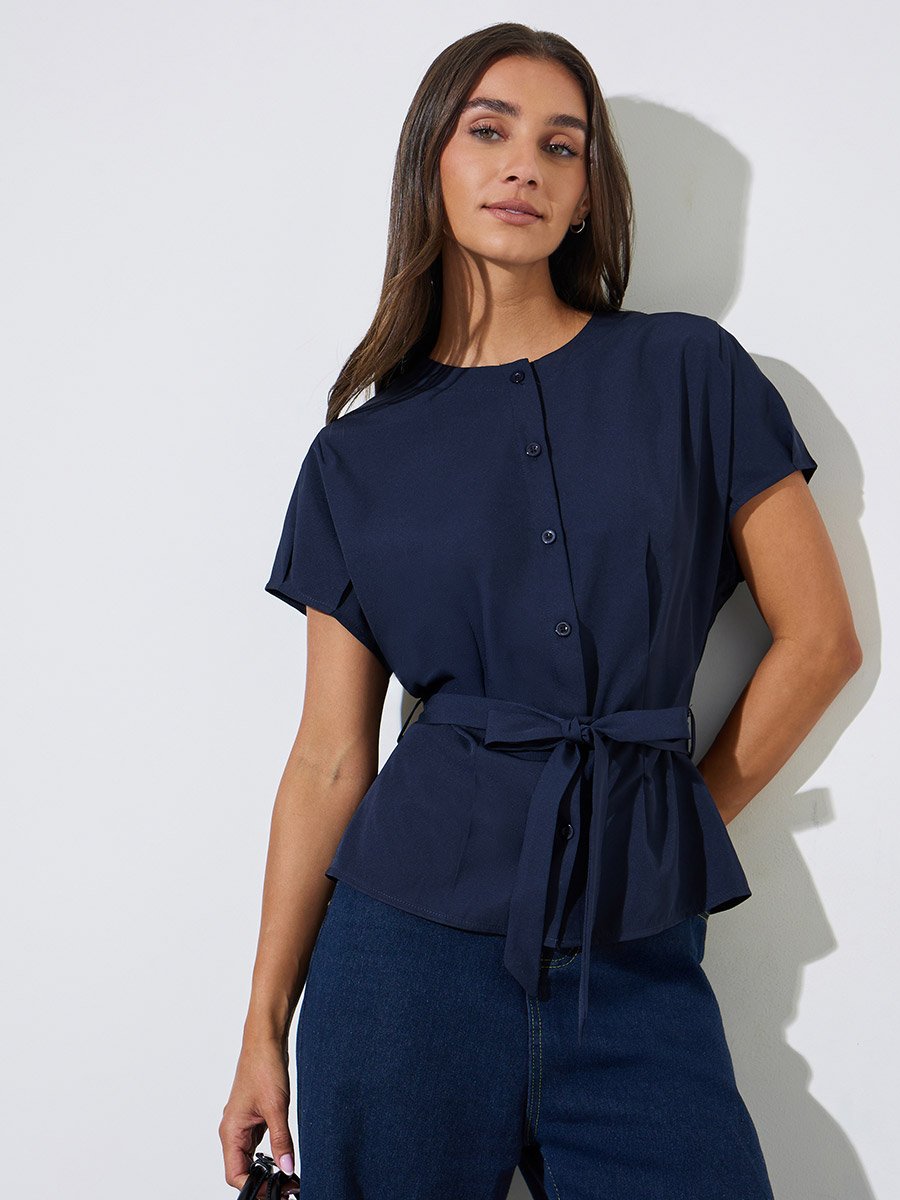 Dark Blue Solid Tie-Up Waist Cap Sleeves Blouse
