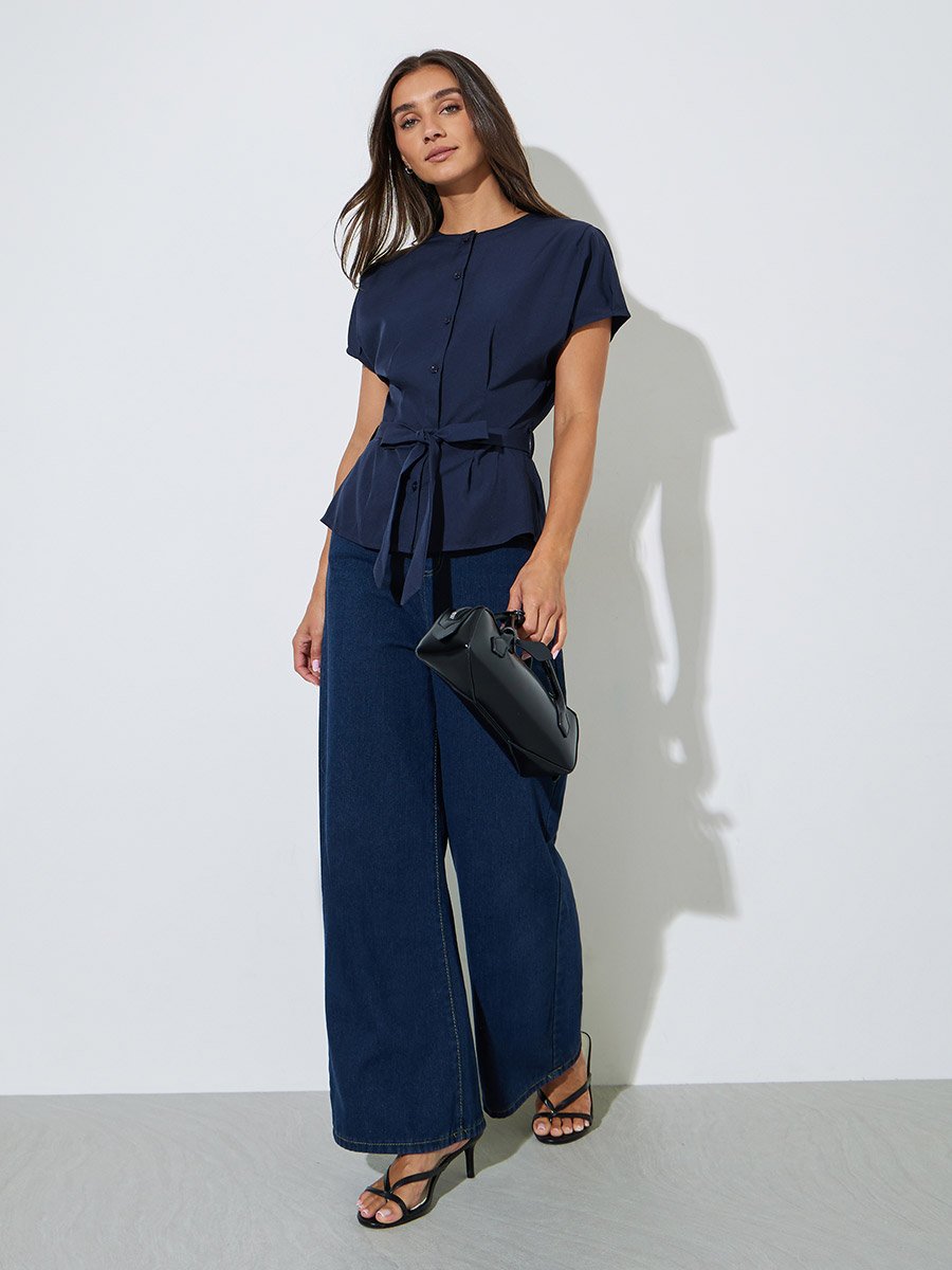 Dark Blue Solid Tie-Up Waist Cap Sleeves Blouse