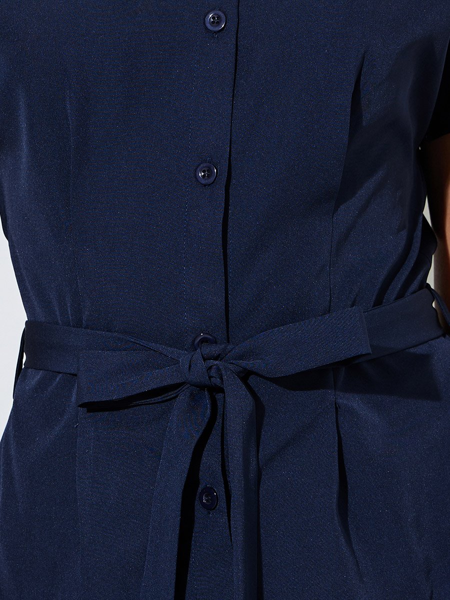 Dark Blue Solid Tie-Up Waist Cap Sleeves Blouse