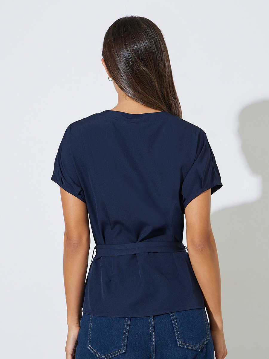 Dark Blue Solid Tie-Up Waist Cap Sleeves Blouse