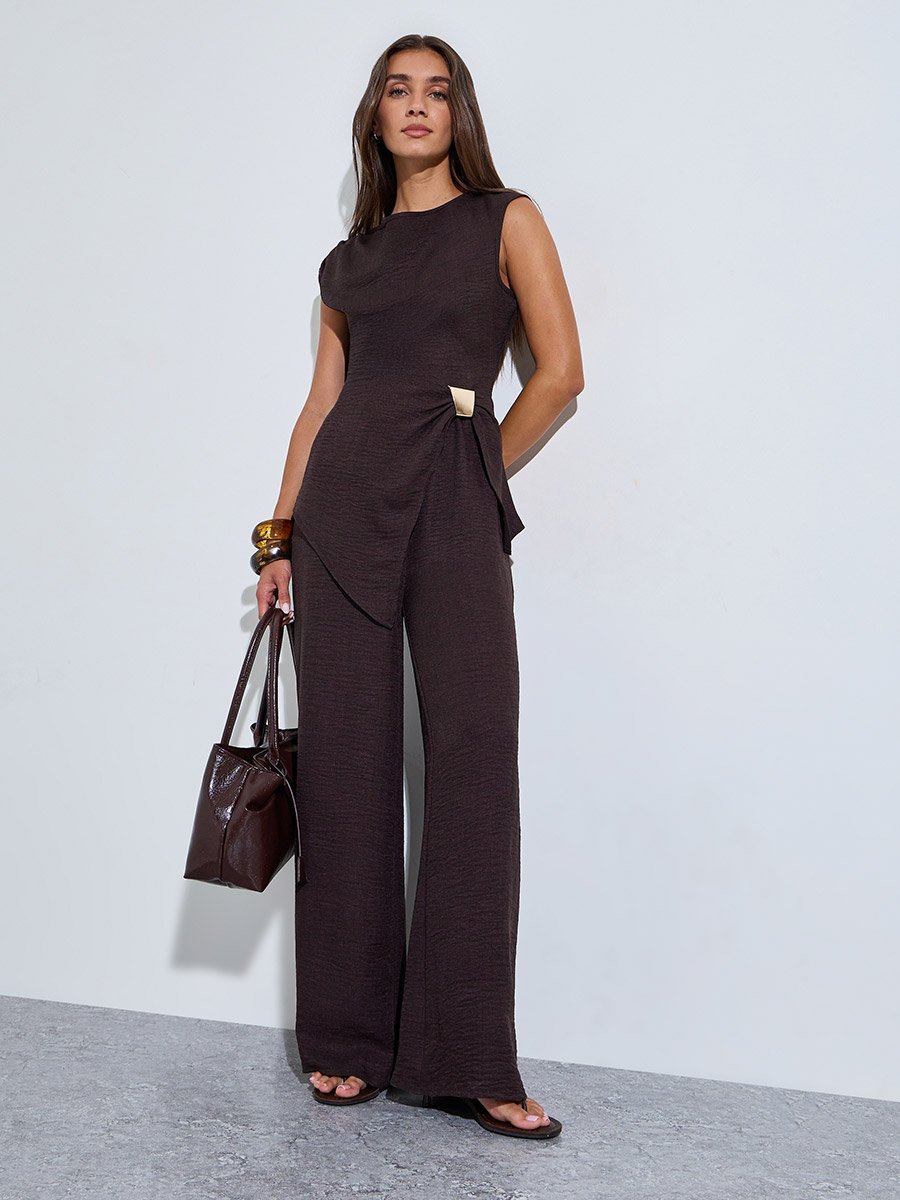 Brown Textured Sleeveless Blouse and Wide Leg Trousers Co-Ord Set