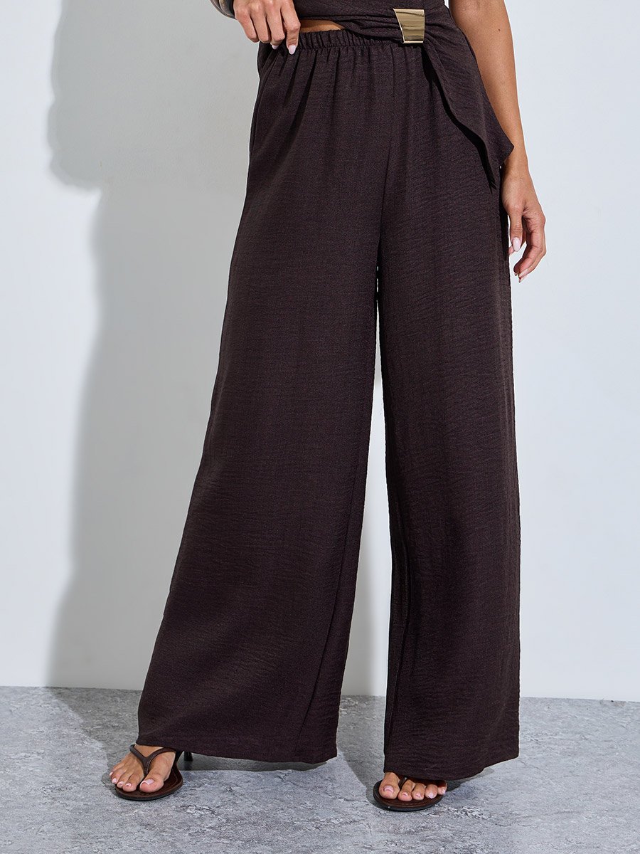 Brown Textured Sleeveless Blouse and Wide Leg Trousers Co-Ord Set