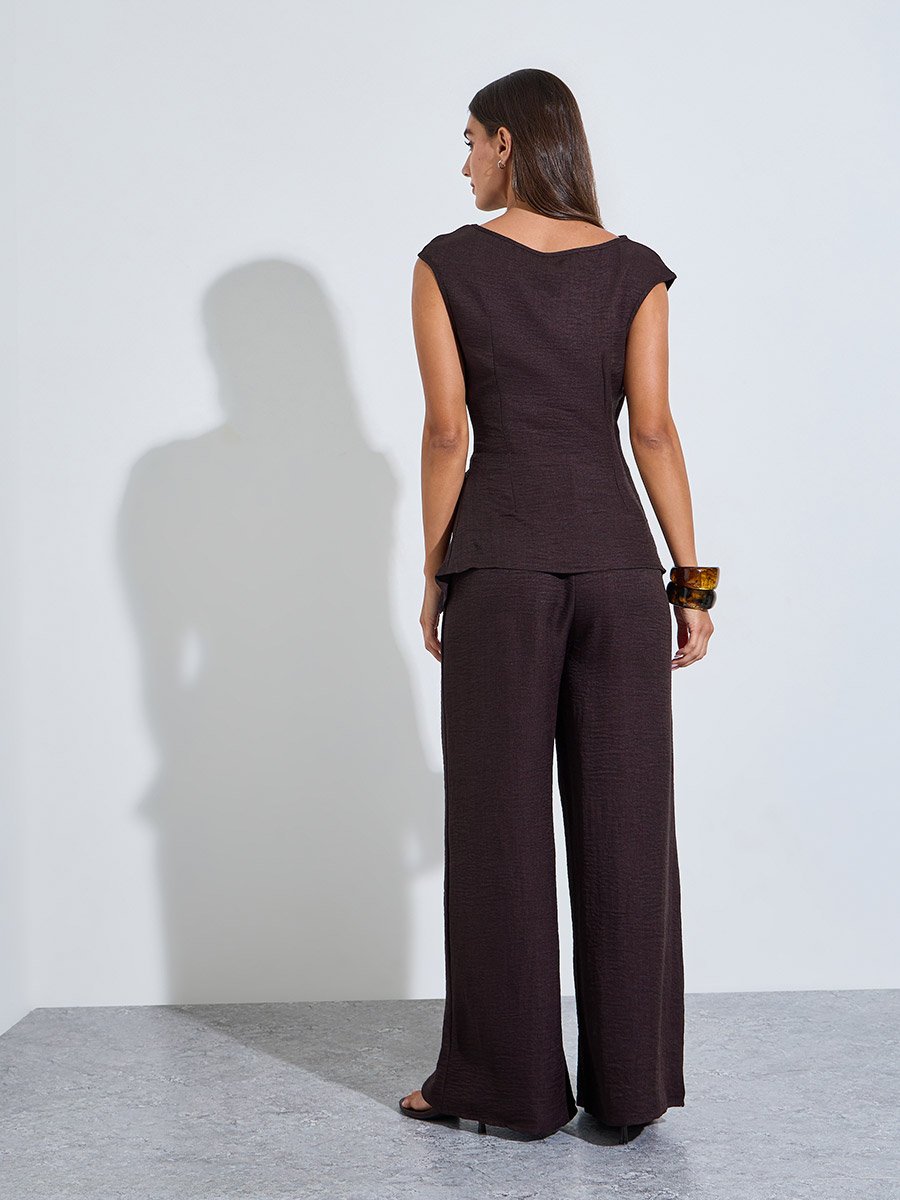 Brown Textured Sleeveless Blouse and Wide Leg Trousers Co-Ord Set
