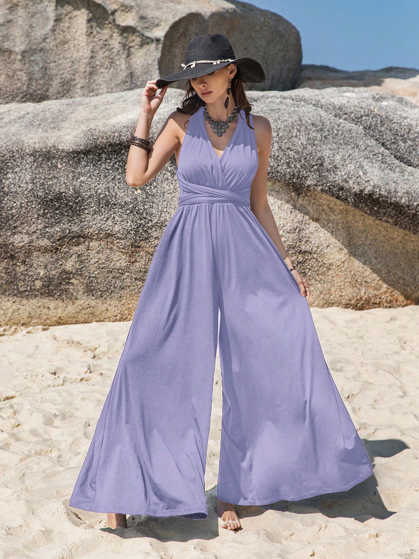 Plain Purple Halterneck Wide-Leg Jumpsuit