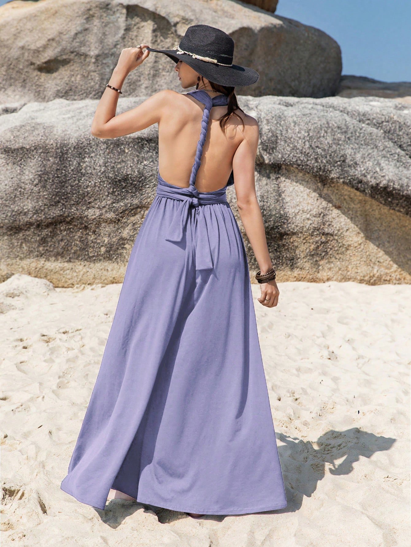 Plain Purple Halterneck Wide-Leg Jumpsuit