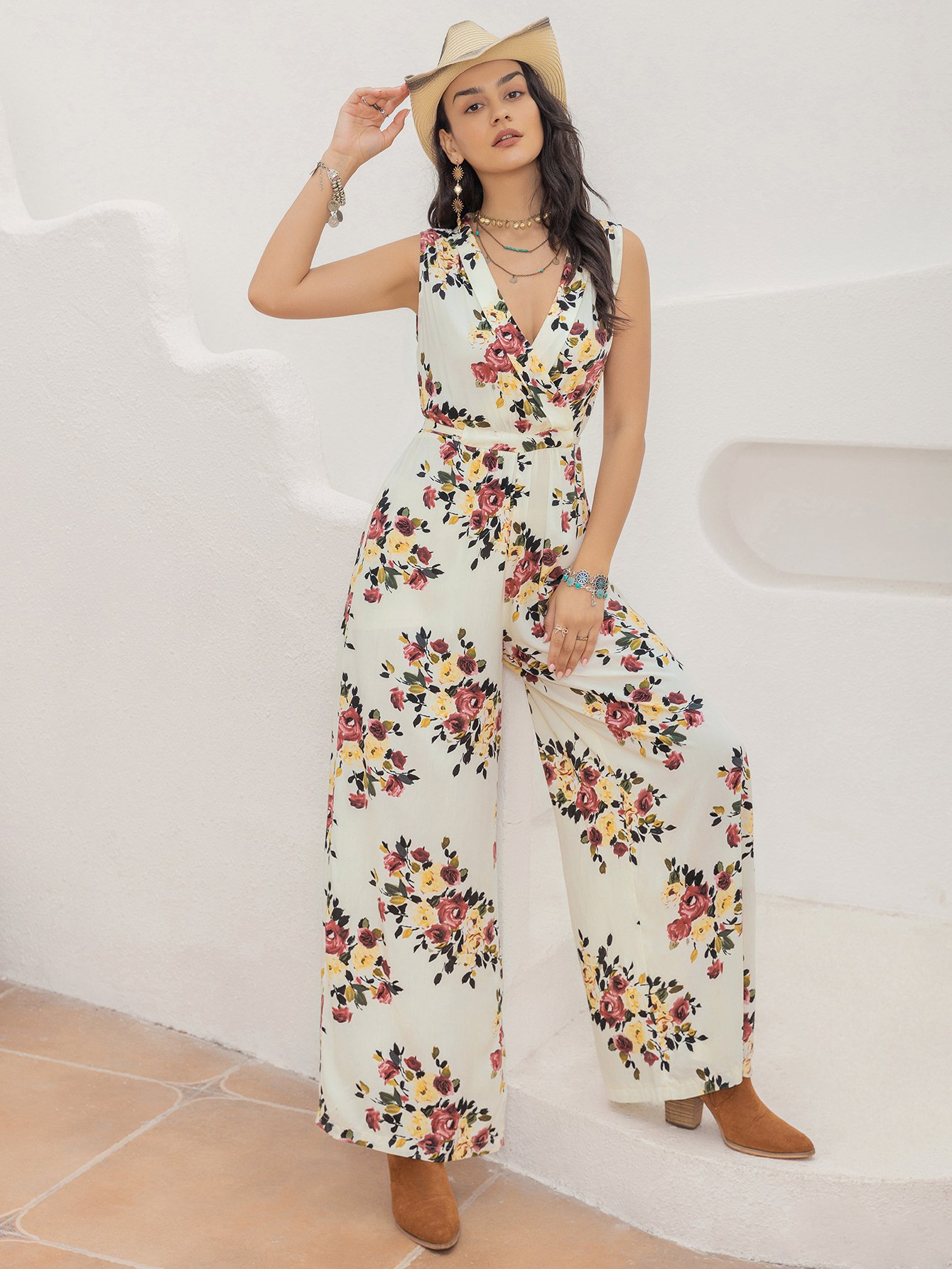 Multi-Color Graphic Floral Jumpsuit