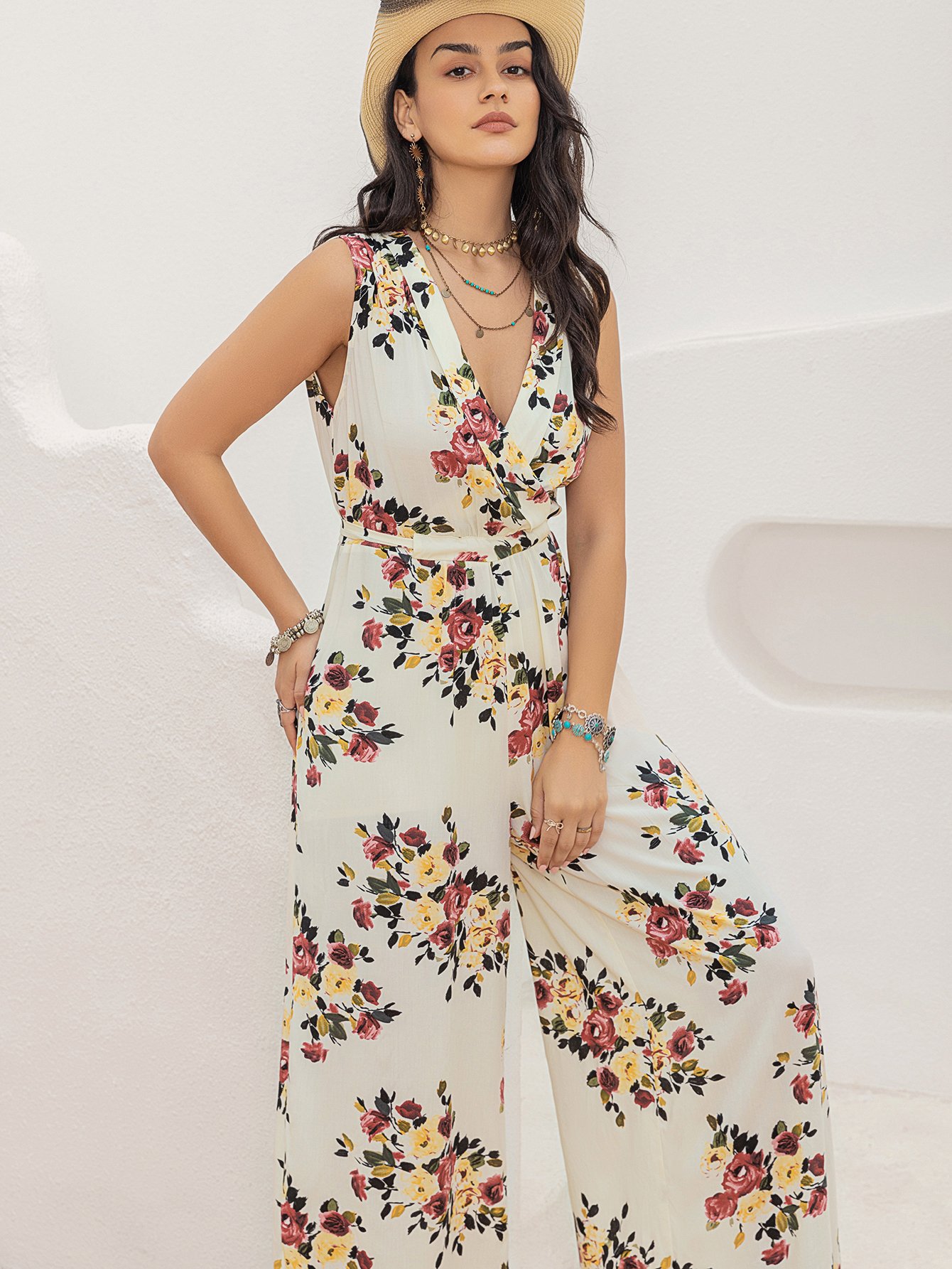 Multi-Color Graphic Floral Jumpsuit