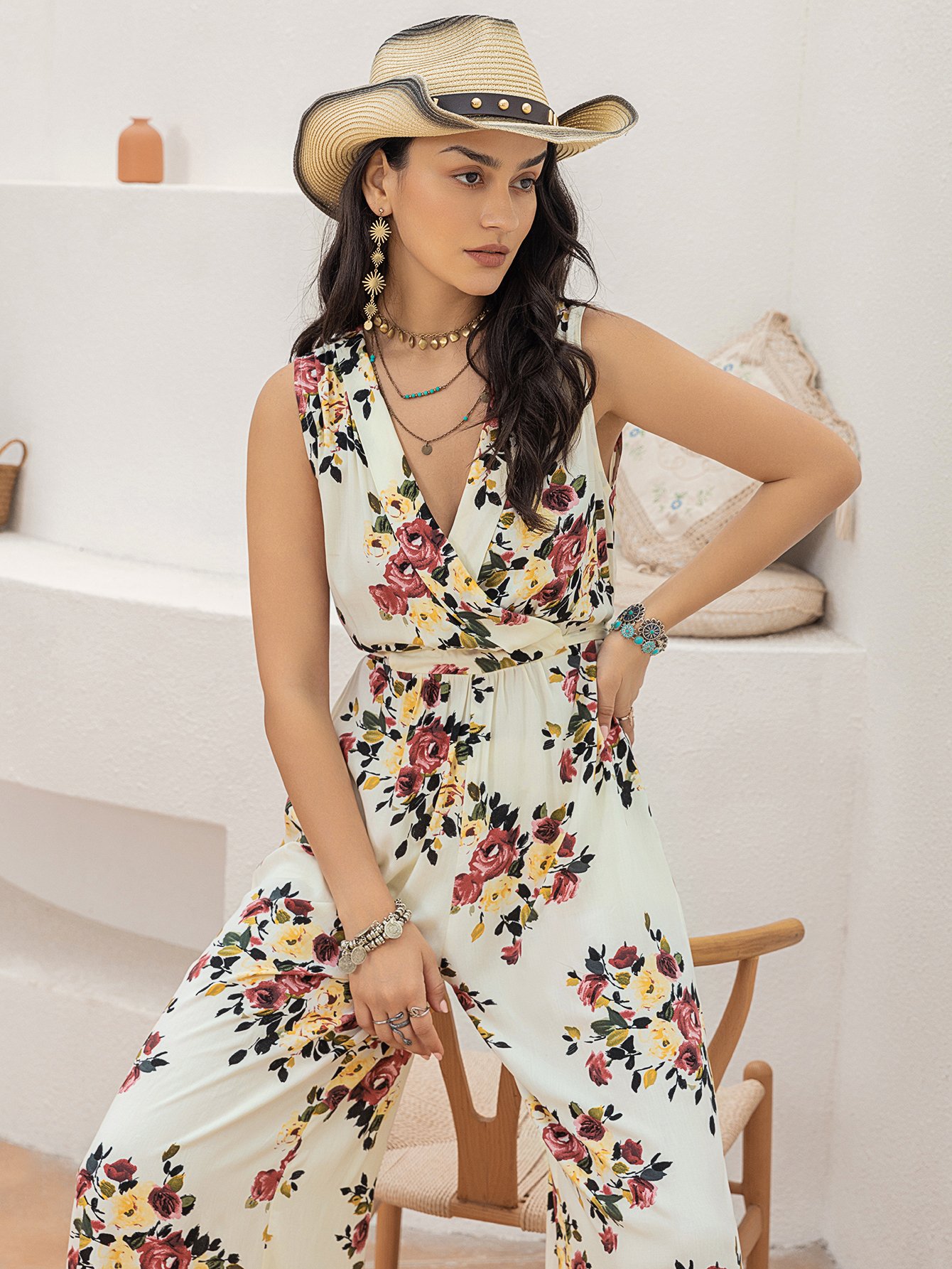 Multi-Color Graphic Floral Jumpsuit