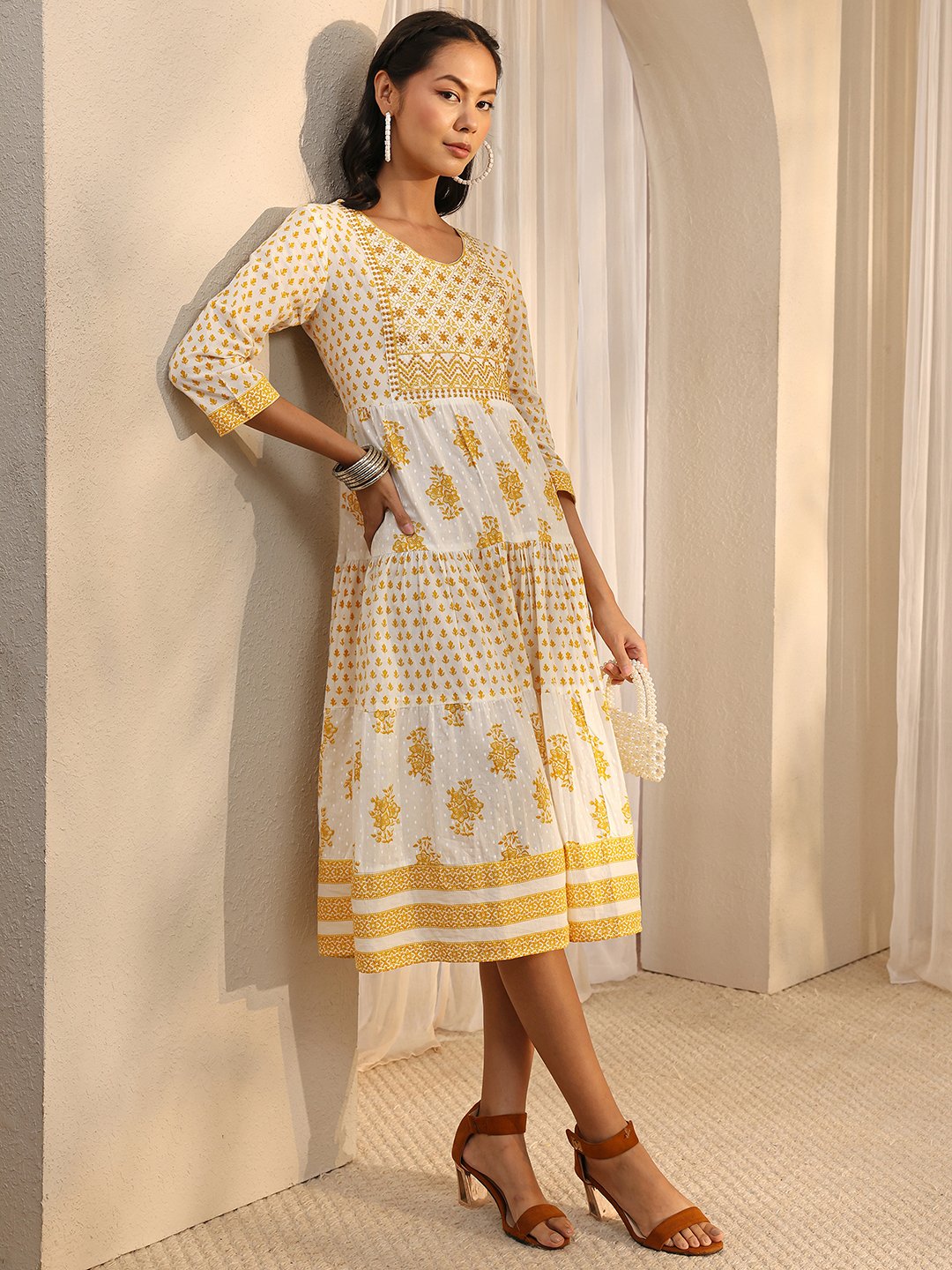 White Floral Cotton Midi Dress