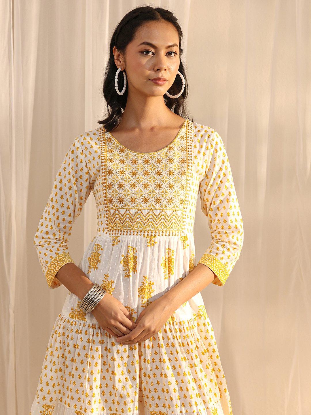 White Floral Cotton Midi Dress