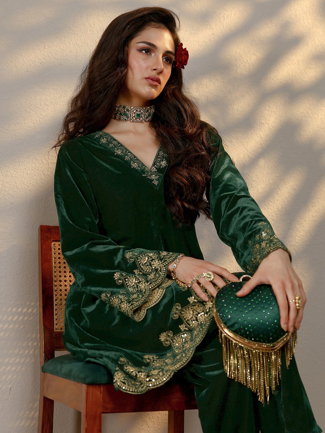 Green Ethnic Motifs Velvet Co-Ords