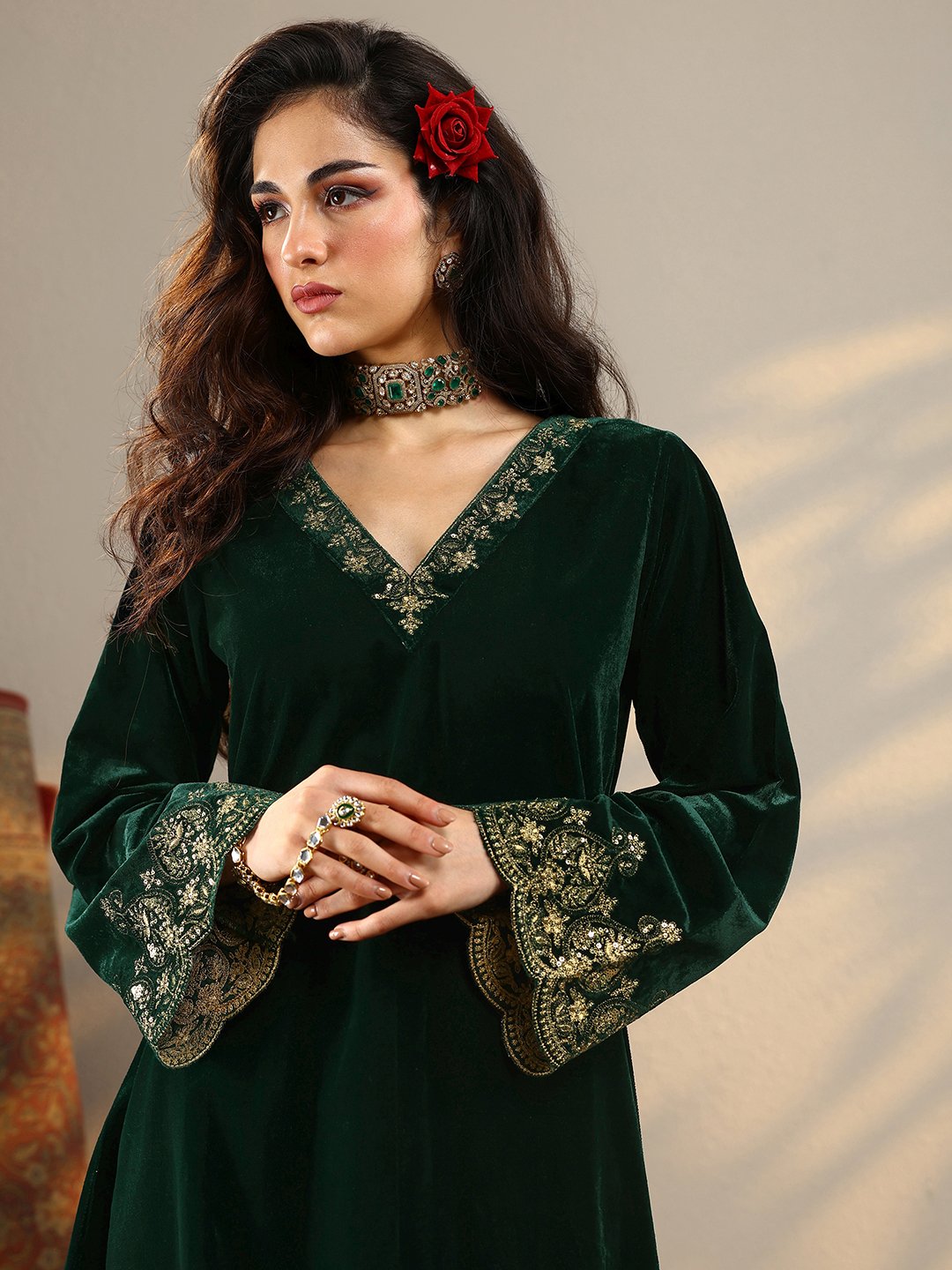 Green Ethnic Motifs Velvet Co-Ords
