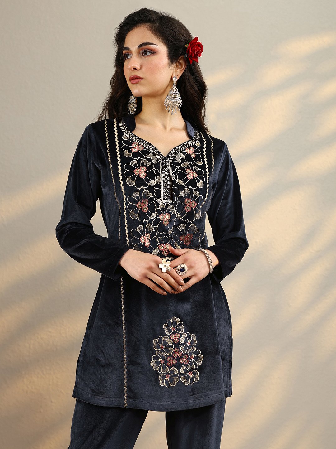 Grey Floral Velvet Co-Ords