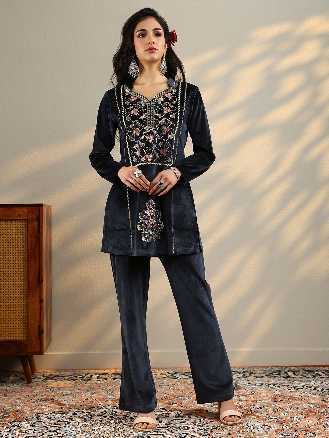 Grey Floral Velvet Co-Ords