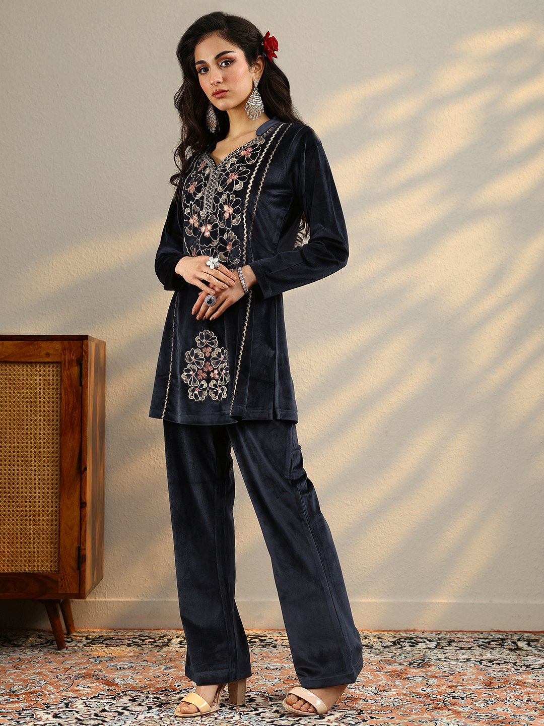 Grey Floral Velvet Co-Ords