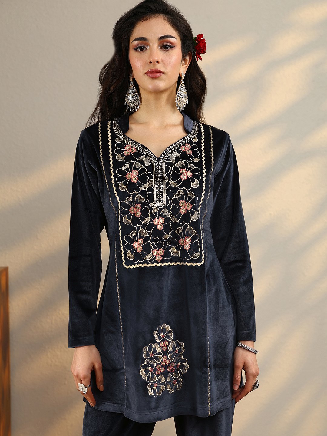 Grey Floral Velvet Co-Ords