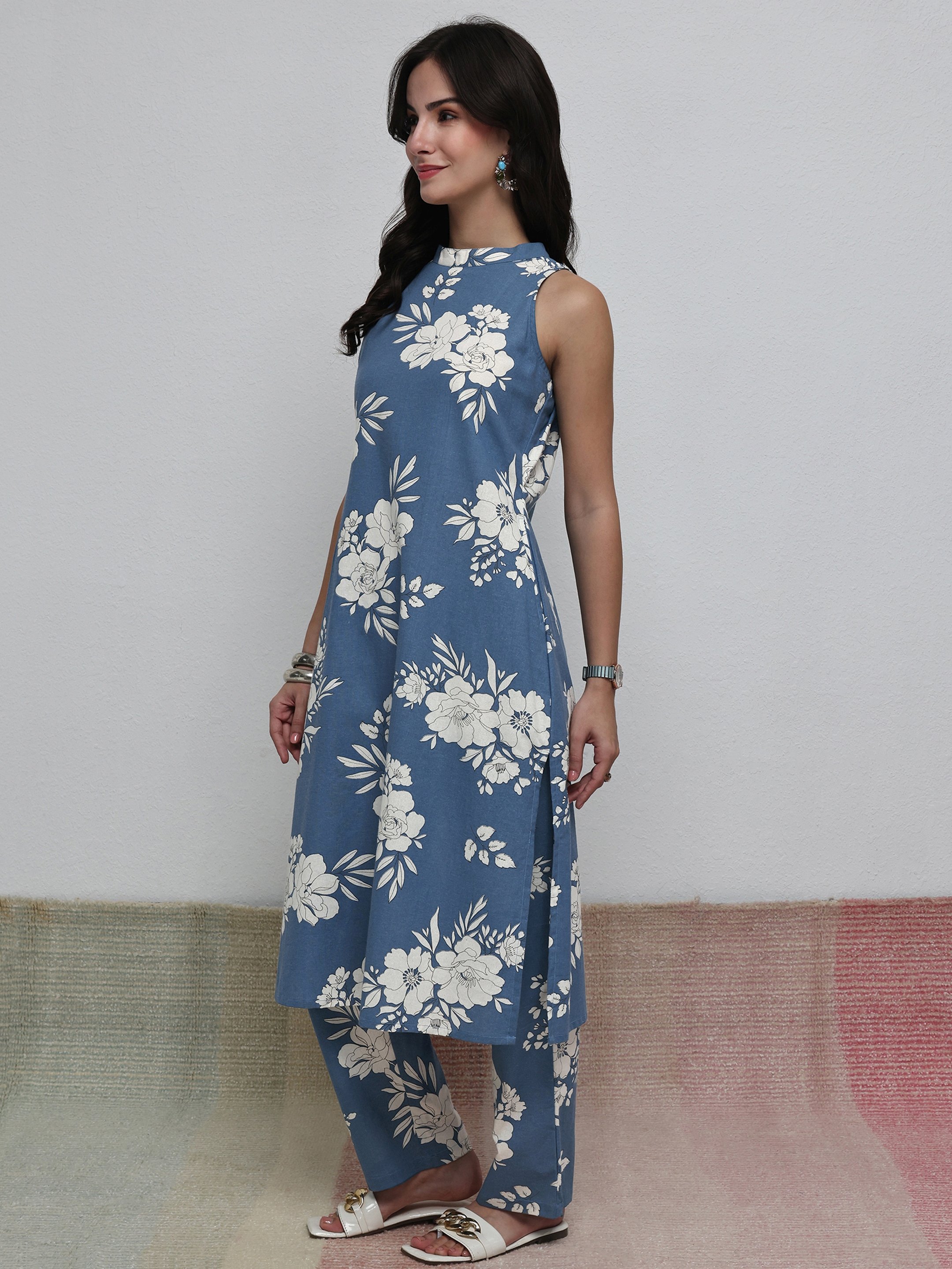 Blue Printed Cotton Blend Kurta and Pants Co-Ords