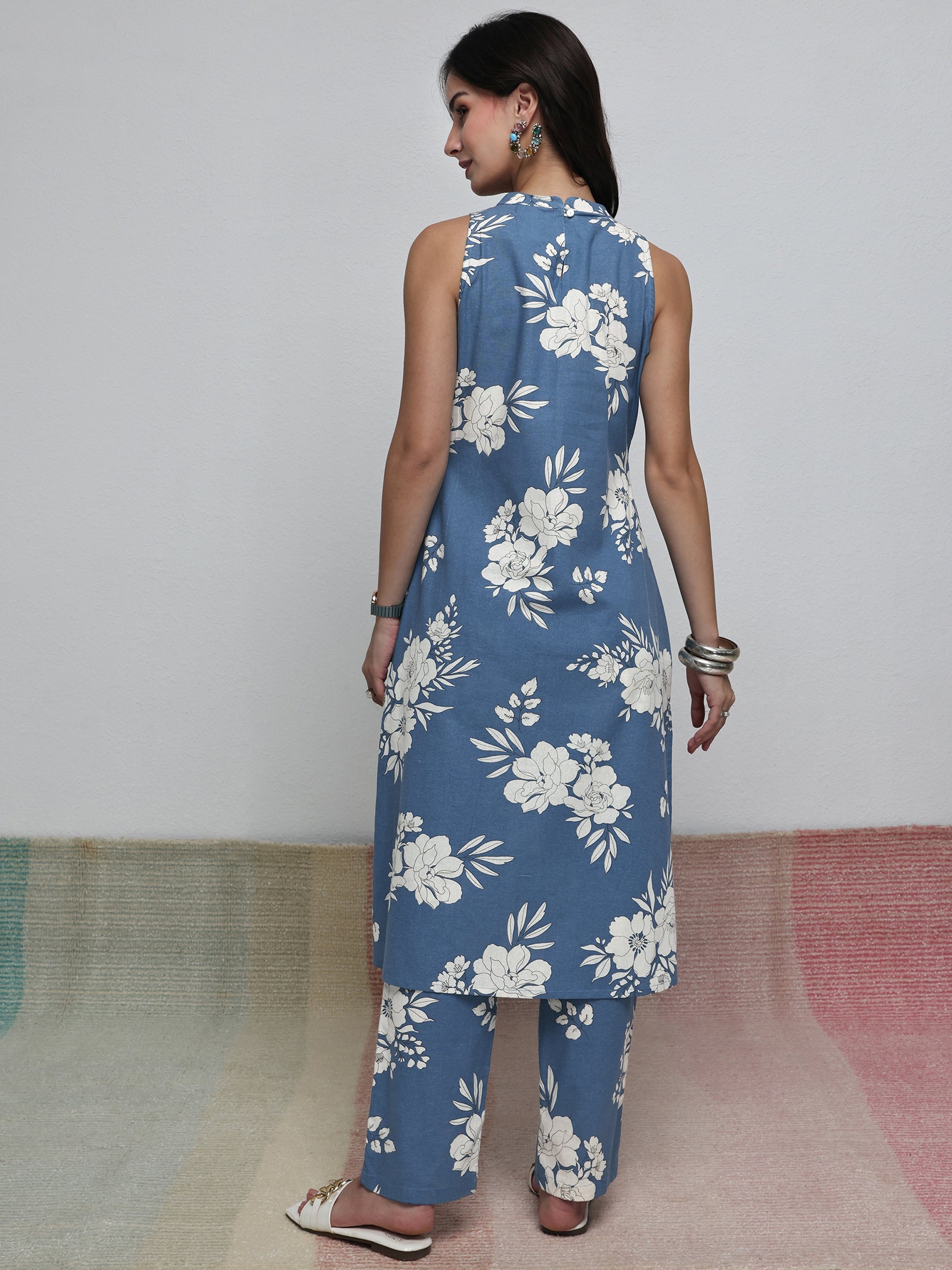Blue Printed Cotton Blend Kurta and Pants Co-Ords