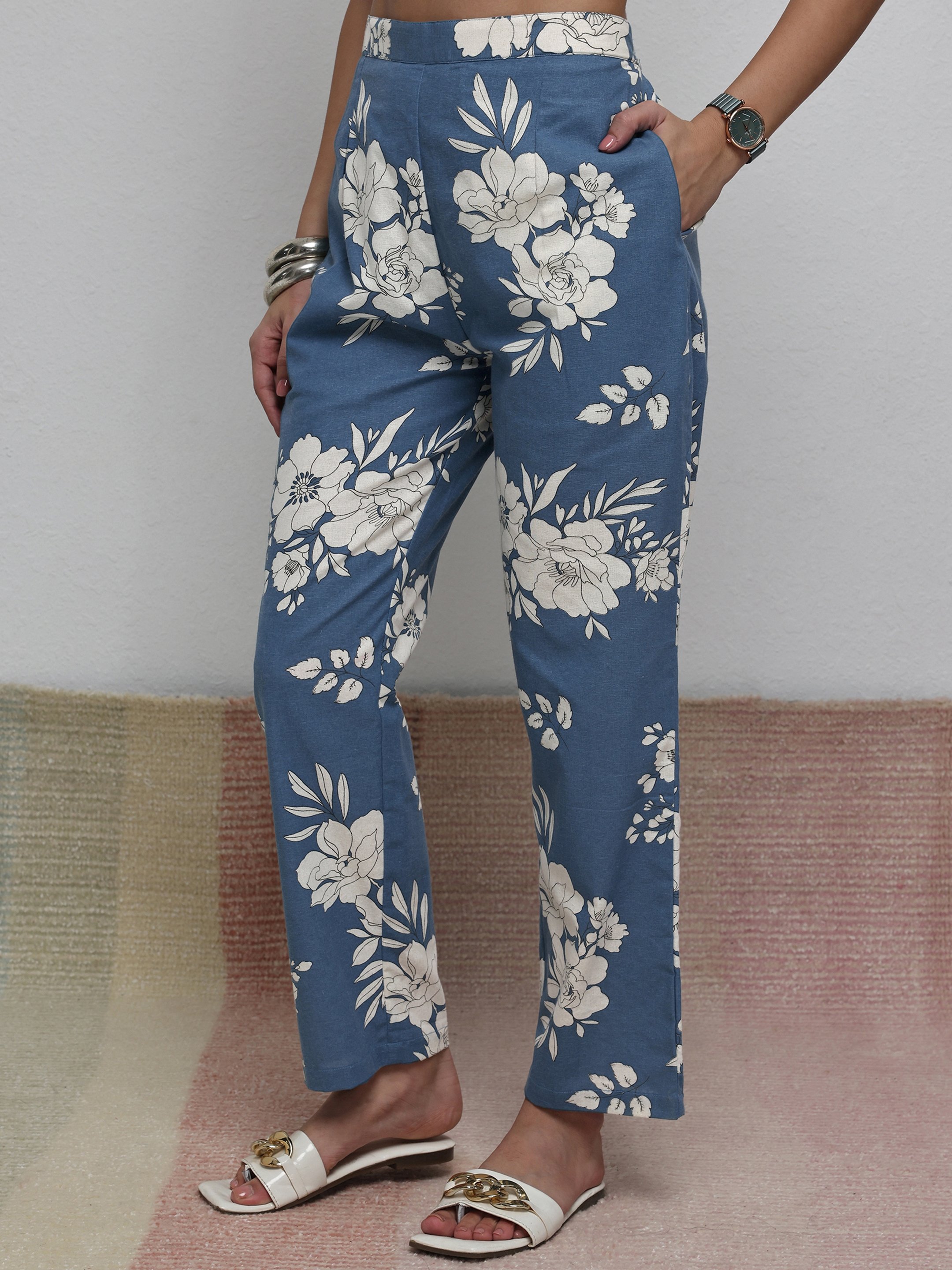 Blue Printed Cotton Blend Kurta and Pants Co-Ords
